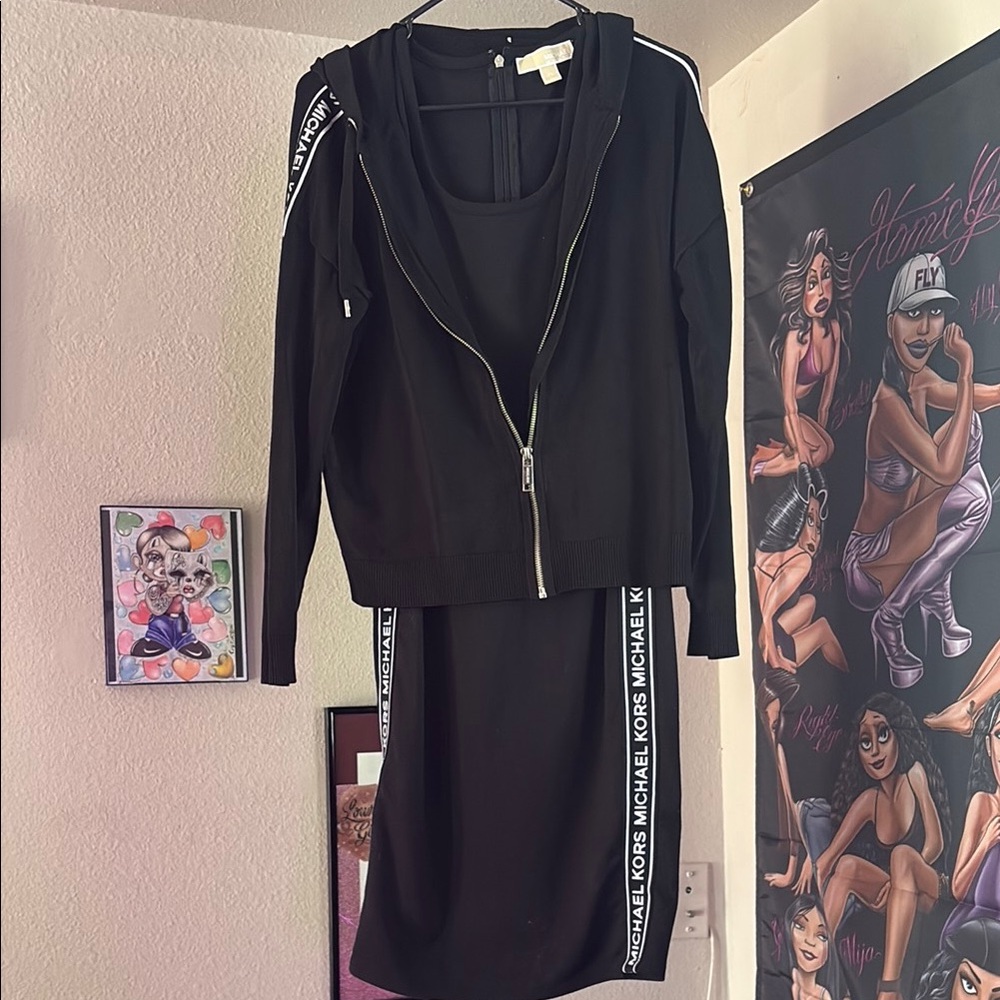 Michael Kors Black Zip-Up Jacket w/ Logo Sleeve & midi dress set. 🖤